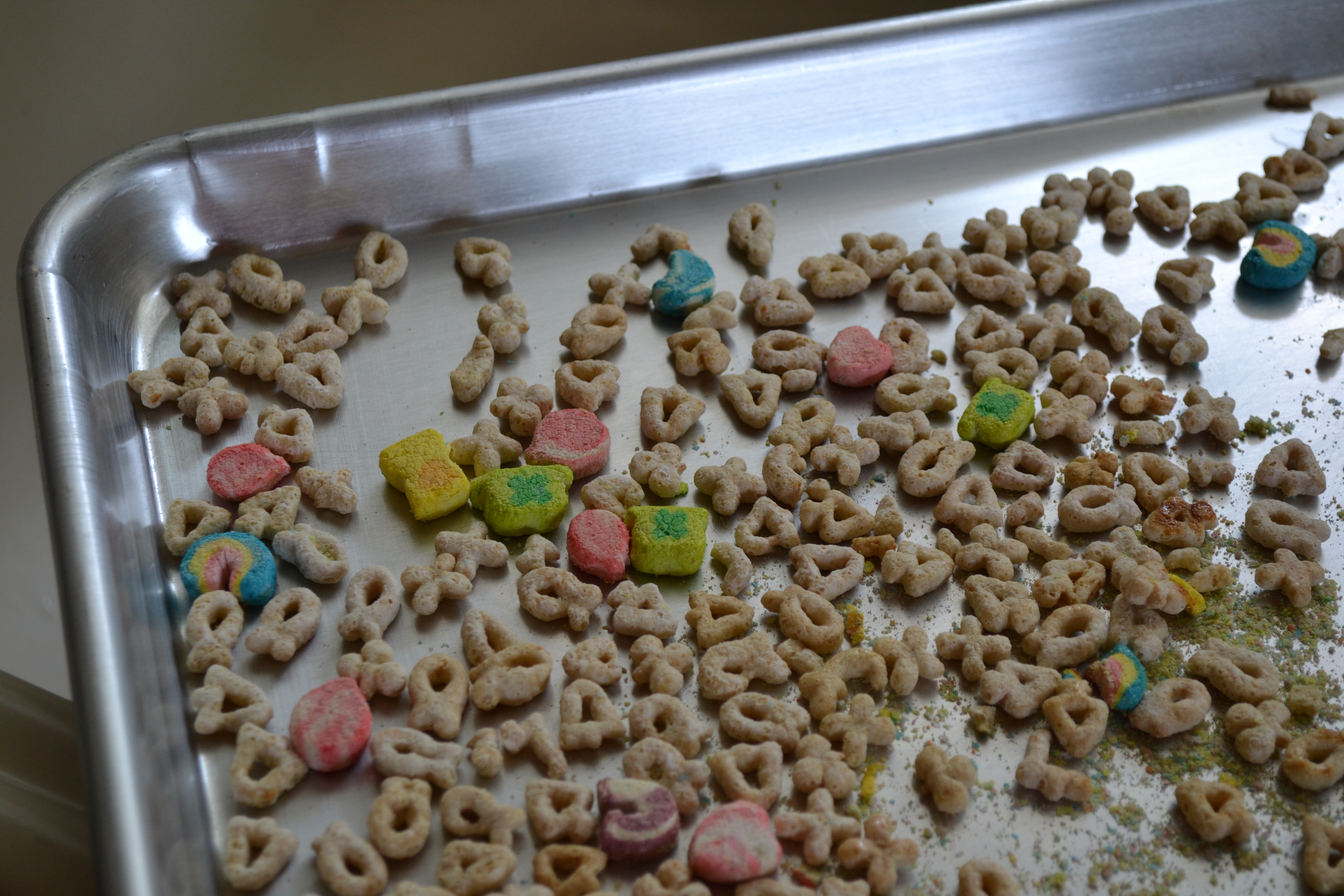 Lucky Charms on a cookie sheet